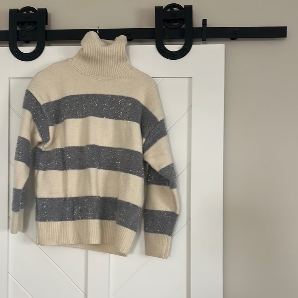 Ami Cream and Gray Cowl Neck Sweater with Bold Stripes